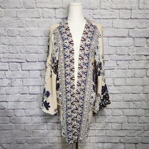 ANGIE Women's Printed Shawl Kimono Cardigan Sz Large Cream Blue White Maroon
